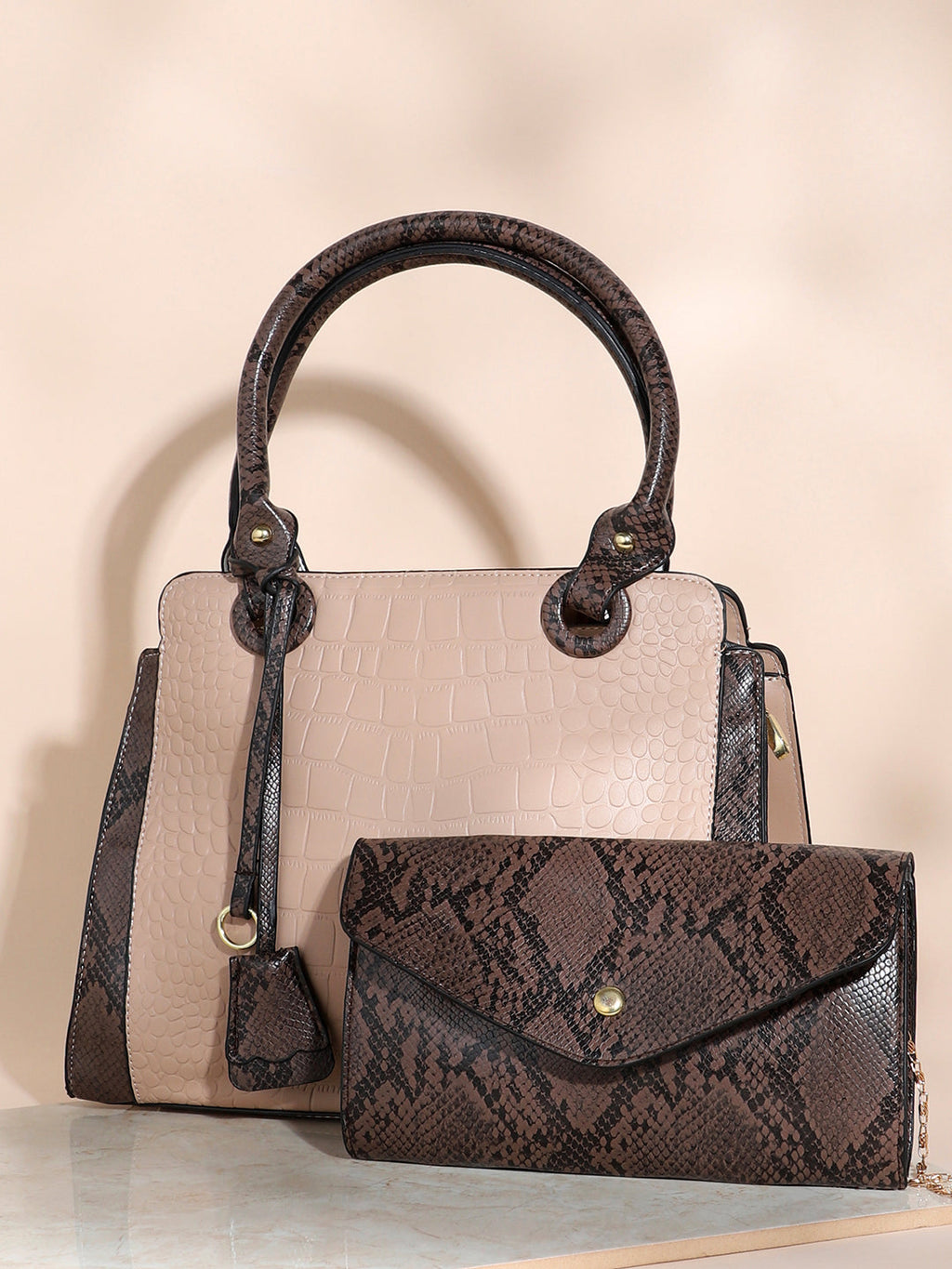 Aundrea Beige & Brown Handbag With Pouch & Wallet Set
