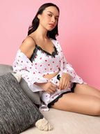 Haute Sauce Polka Dots Crop Top, Short & Coat Satin Night Wear Set