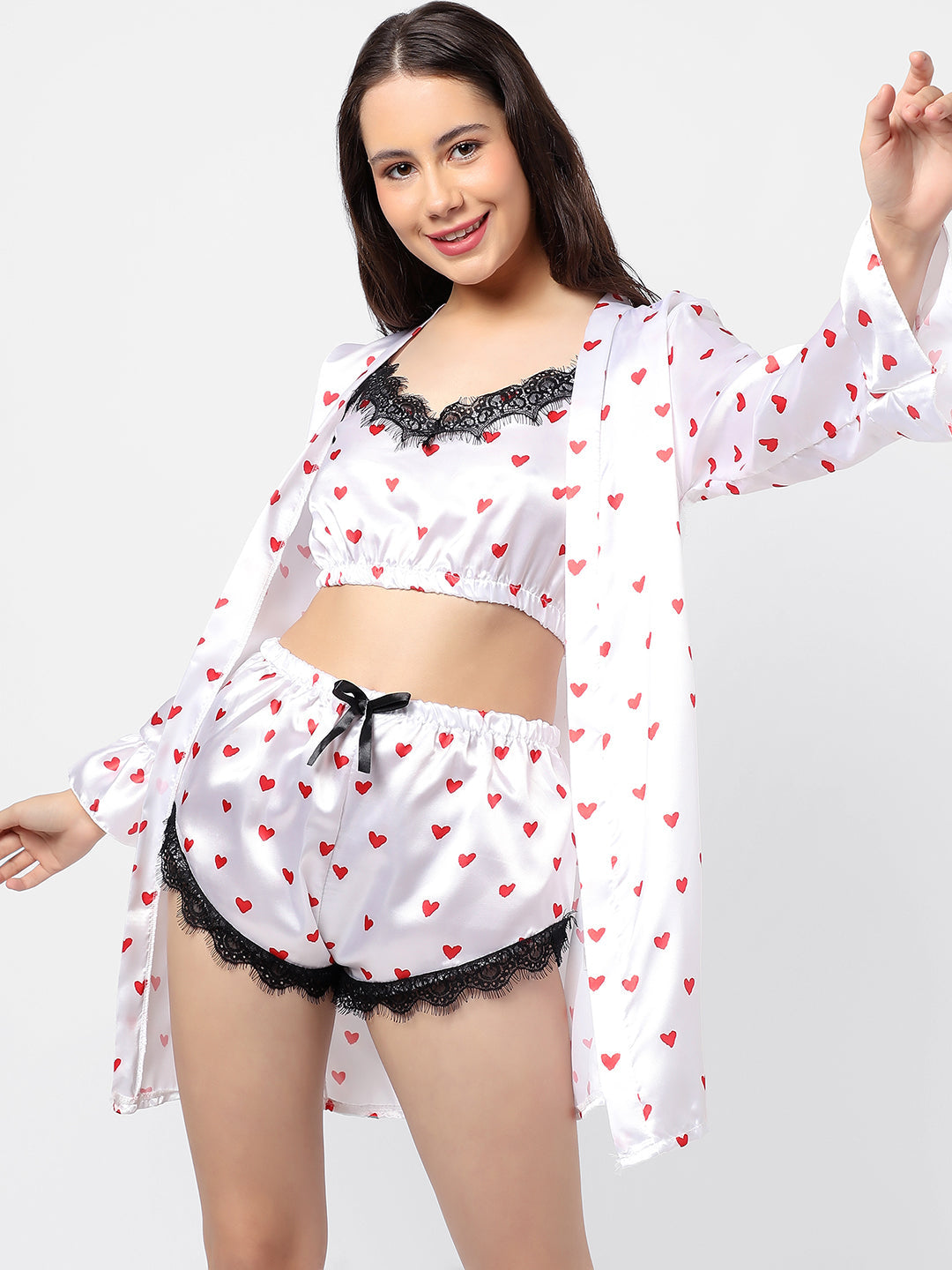 Haute Sauce Polka Dots Crop Top, Short & Coat Satin Night Wear Set