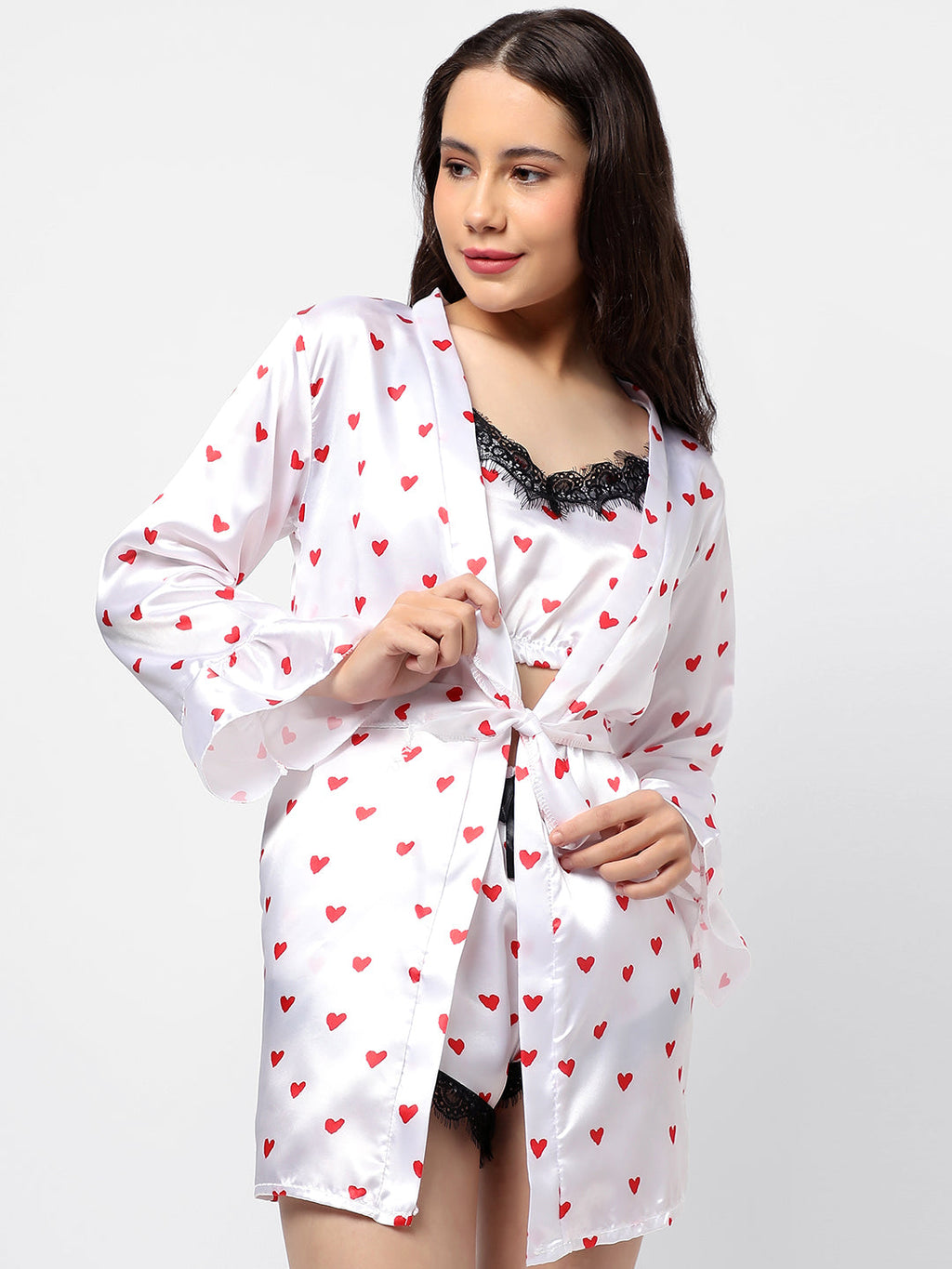 Haute Sauce Polka Dots Crop Top, Short & Coat Satin Night Wear Set