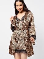 Haute Sauce Printed Dress & Coat Satin Night Wear Set