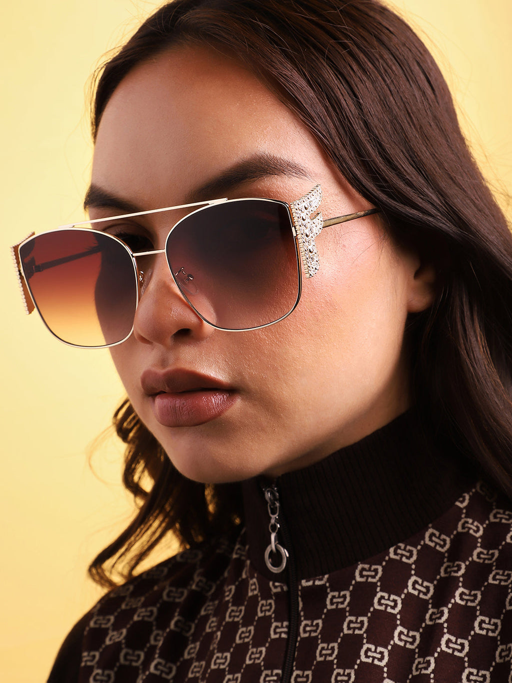 Tinted Brown Lens Gold Frame Oversized Sunglasses