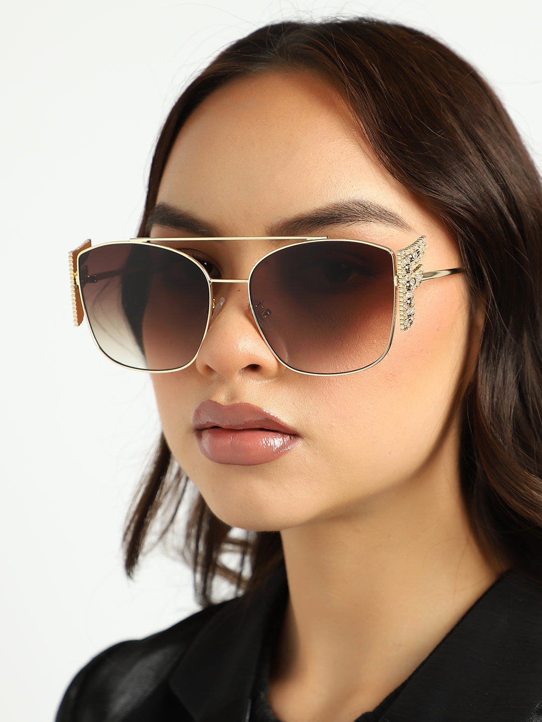 Tinted Brown Lens Gold Frame Oversized Sunglasses
