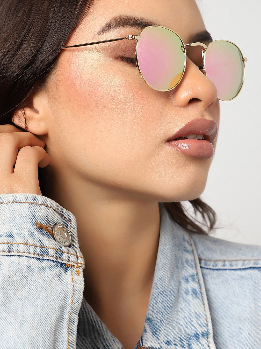 Pink Tinted Lens Gold Frame Oversized Sunglass