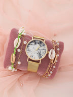 White Marble Analog Watch Round Dial With Gold Metal Mesh Strap Watch & Bracelets