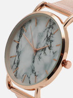 White Marble Analog Watch Round Dial With Gold Metal Mesh Strap Watch & Bracelets