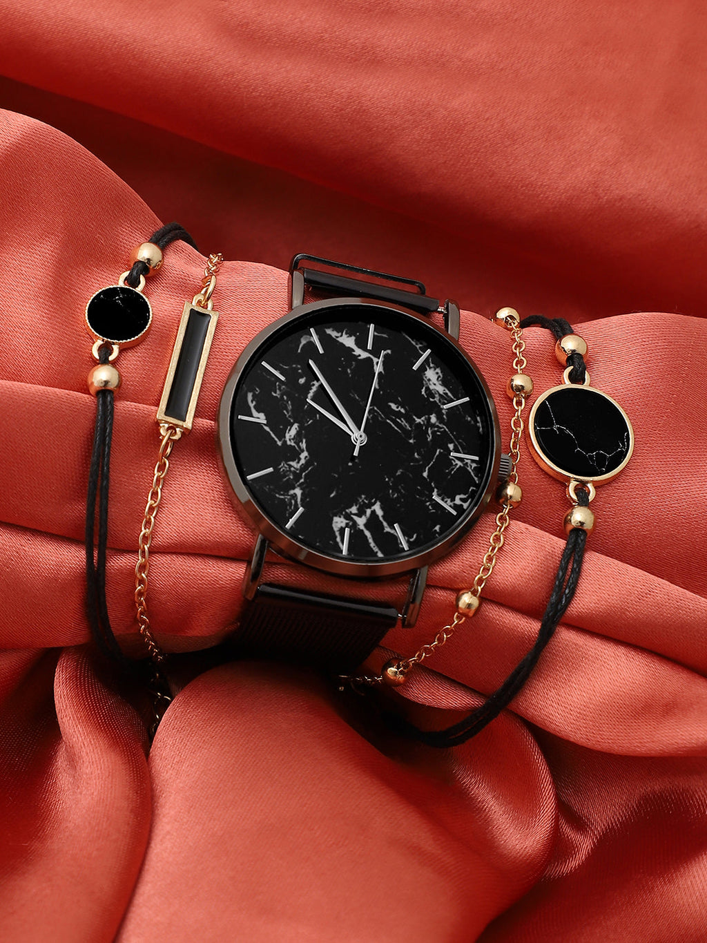 Black Marble Analog Round Dial With Black Leather Strap Watch & Bracelets
