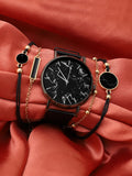Black Marble Analog Round Dial With Black Leather Strap Watch & Bracelets