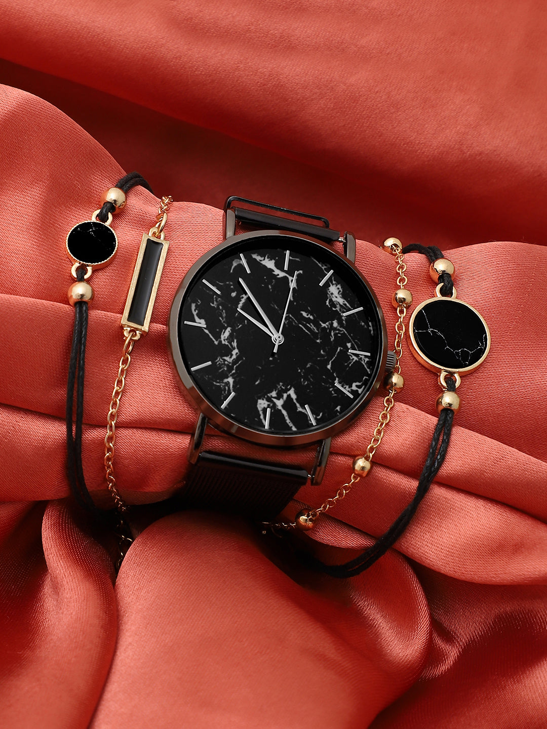 Black Marble Analog Round Dial With Black Leather Strap Watch & Bracelets