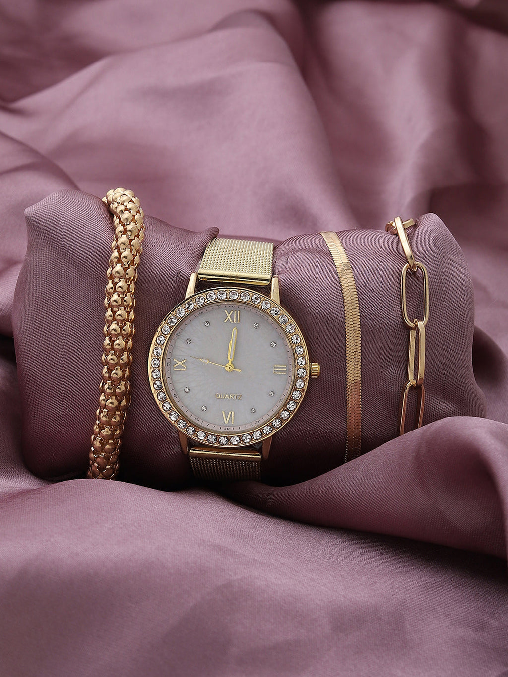 White Embellished Analog Round Dial & Gold Metal Strap Watch & Bracelets