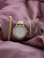 White Embellished Analog Round Dial & Gold Metal Strap Watch & Bracelets
