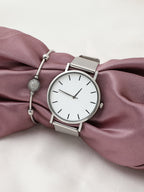 White Analog Round Dial With Silver Metal Mesh Strap Watch & Bracelet