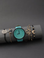 Blue Analog Round Dial With Black Hour Marker & Blue Leather Strap Watch & Bracelets