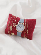 White & Bronze Analog Round Dial With Blue Leather Strap Watch & Bracelet