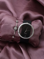 Transparent Analog Round Dial With Black Leather Strap Watch & Bracelet