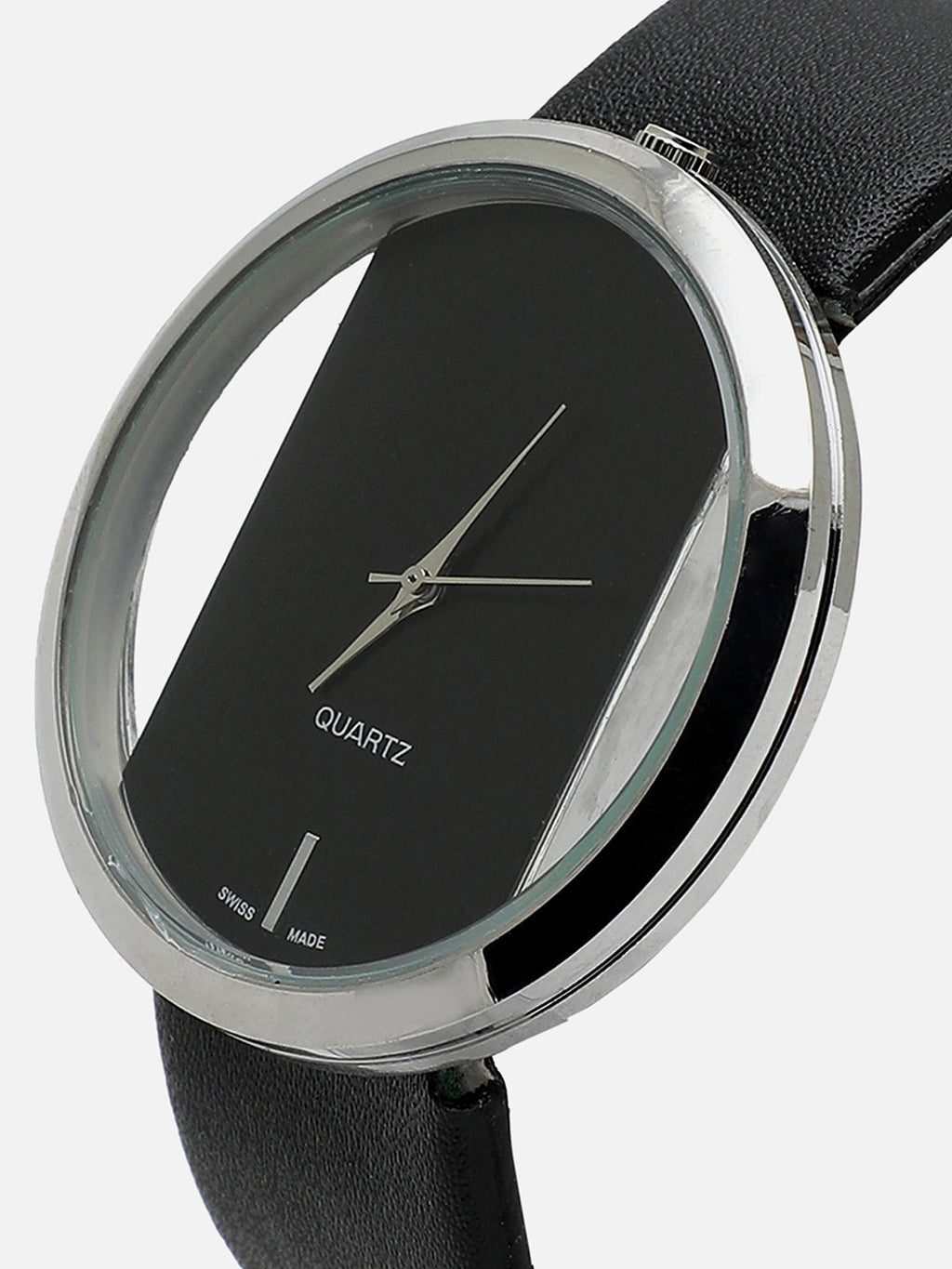 Transparent Analog Round Dial With Black Leather Strap Watch & Bracelet