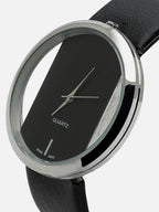 Transparent Analog Round Dial With Black Leather Strap Watch & Bracelet