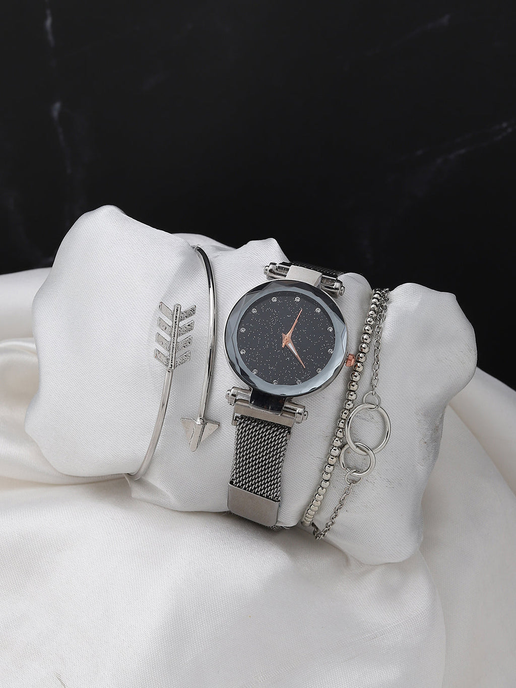 Black Embellished Analog Round Dial With Space Grey Metal Mesh Strap Watch & Bracelets