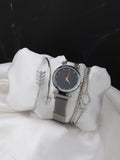 Black Embellished Analog Round Dial With Space Grey Metal Mesh Strap Watch & Bracelets