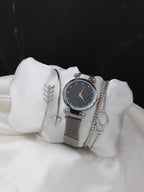 Black Embellished Analog Round Dial With Space Grey Metal Mesh Strap Watch & Bracelets