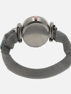 Black Embellished Analog Round Dial With Space Grey Metal Mesh Strap Watch & Bracelets