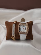 White Embellished Analog Square Dial With White Leather Strap Watch & Bracelet
