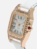 White Embellished Analog Square Dial With White Leather Strap Watch & Bracelet