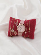 Dusky Pink Analog Round Dial With Pink Leather Strap Watch & Bracelet