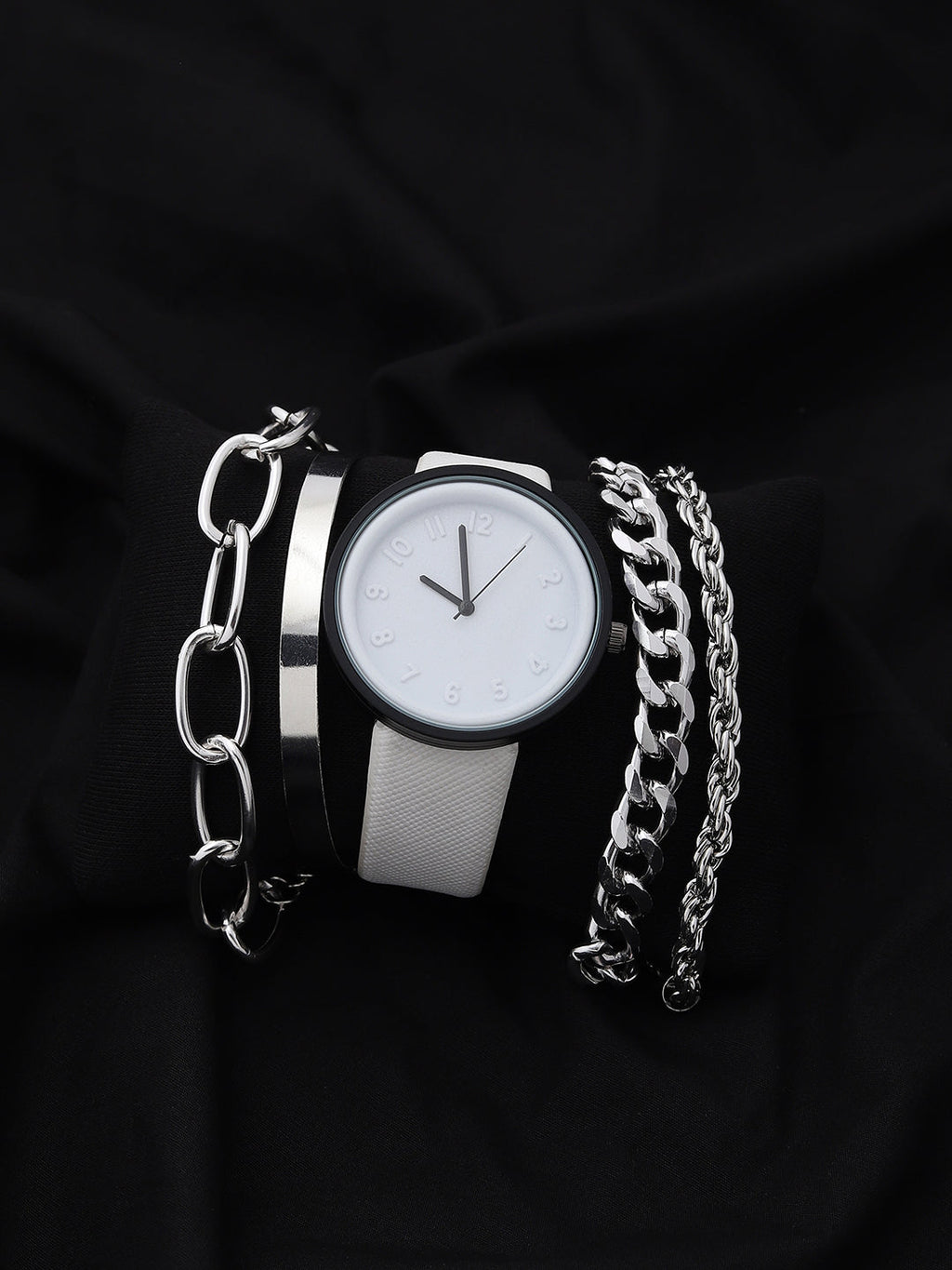 White Analog Round Dial With White Leather Strap Watch & Bracelets