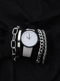 White Analog Round Dial With White Leather Strap Watch & Bracelets