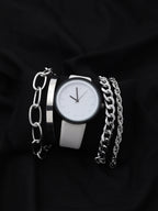 White Analog Round Dial With White Leather Strap Watch & Bracelets