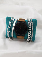 Black Analog Round Dial With Brown Suede Strap Watch & Bracelet