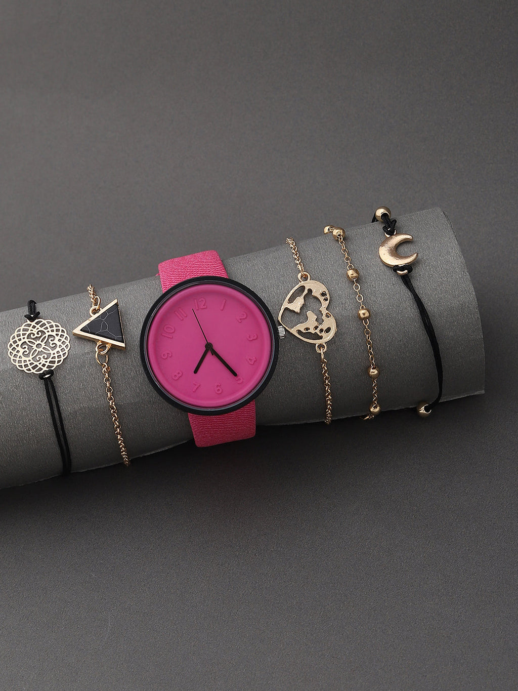 Pink Analog Round Dial With Pink Canvas Strap Watch & Bracelets