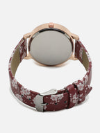 Brown Decorative Analog Round Dial With Floral Printed Leather Strap Watch & Bracelet