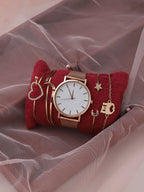 White Analog Round Dial With Gold Metal Strap Watch & Bracelets