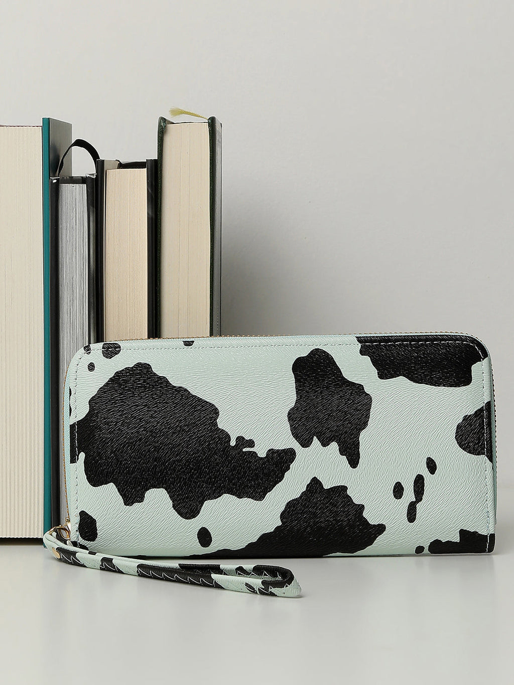 Mint Green & Black Cow Printed Vegan Leather Wallet