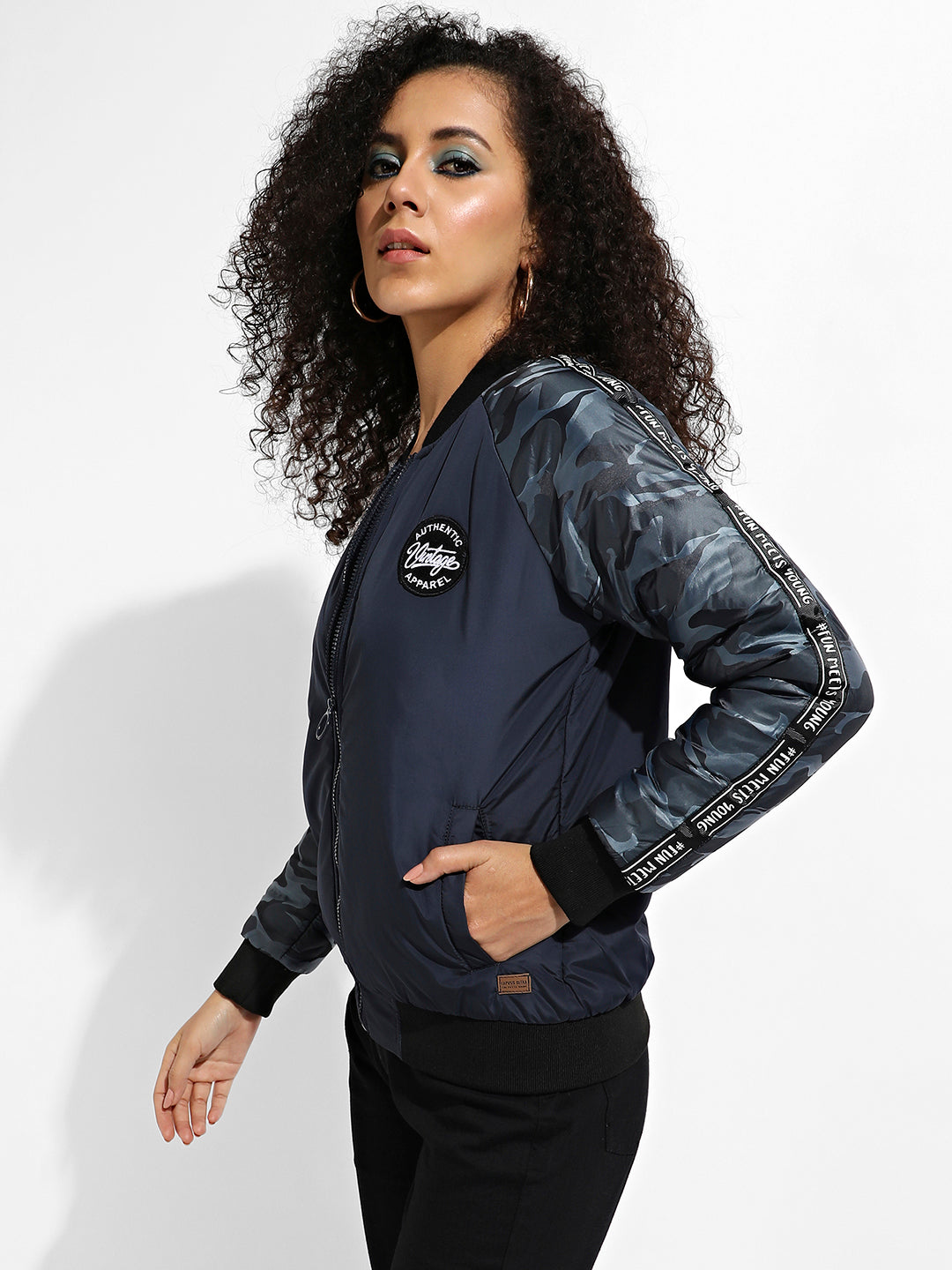 Zip-Front Bomber Jacket With Camouflage Sleeves
