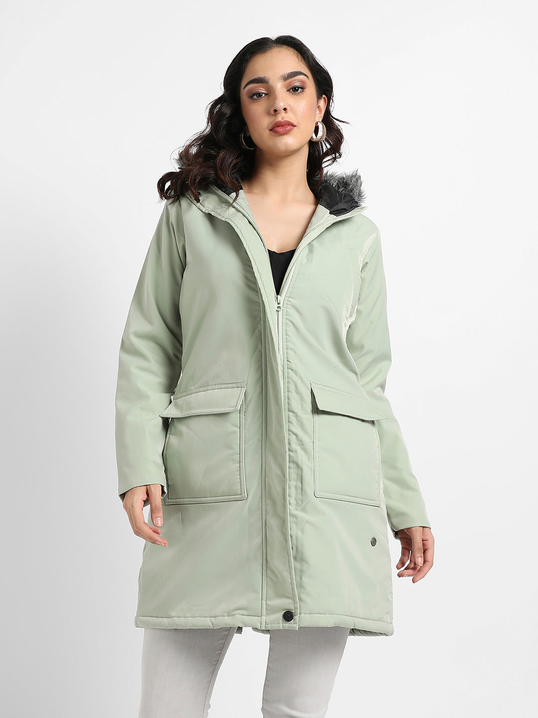 Long Puffer Jacket With Fur Detail