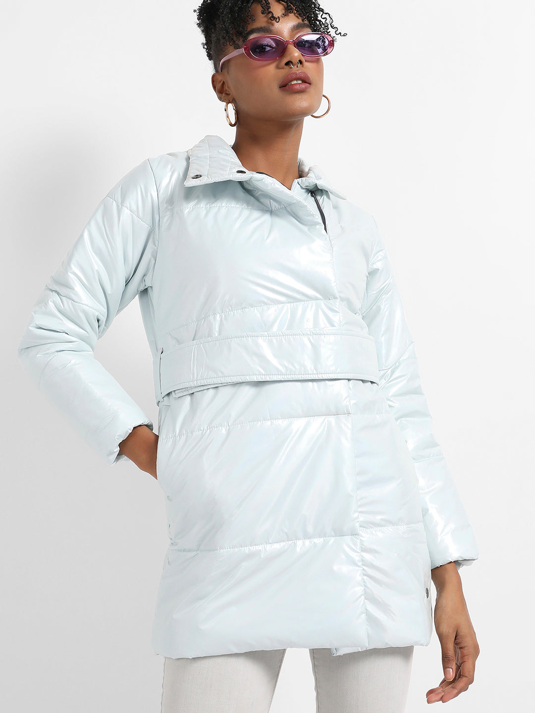 Metallic Belted Long Puffer With Tie-Up Waist