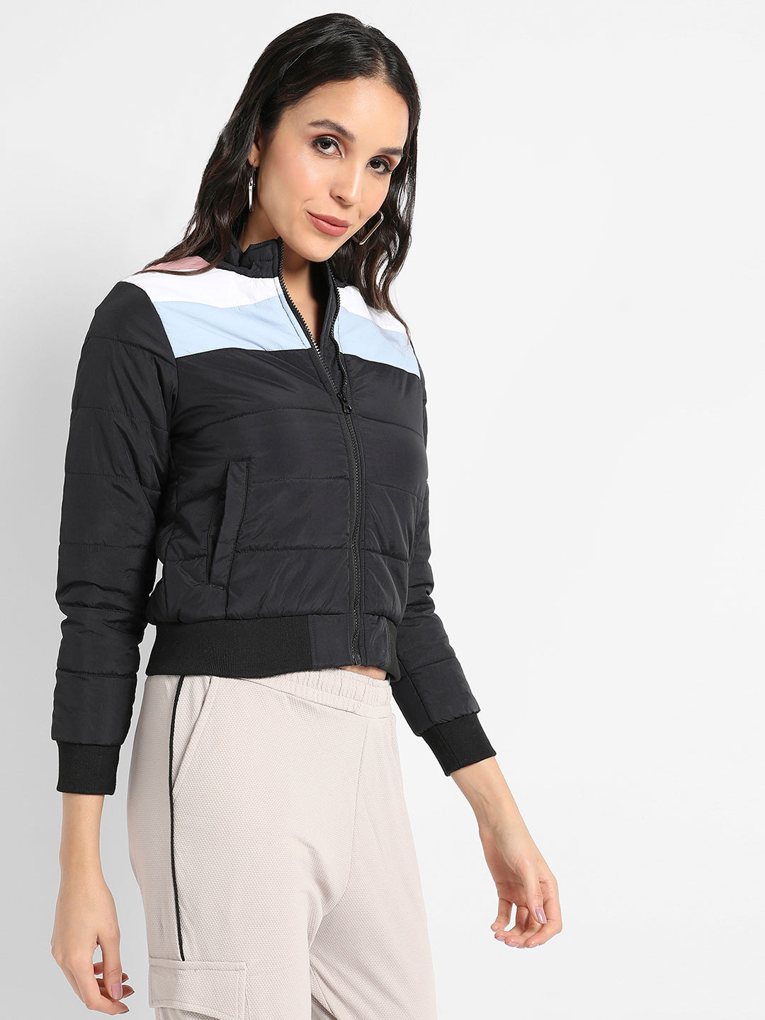 Zip-Front Bomber Jacket With Contrast Panels