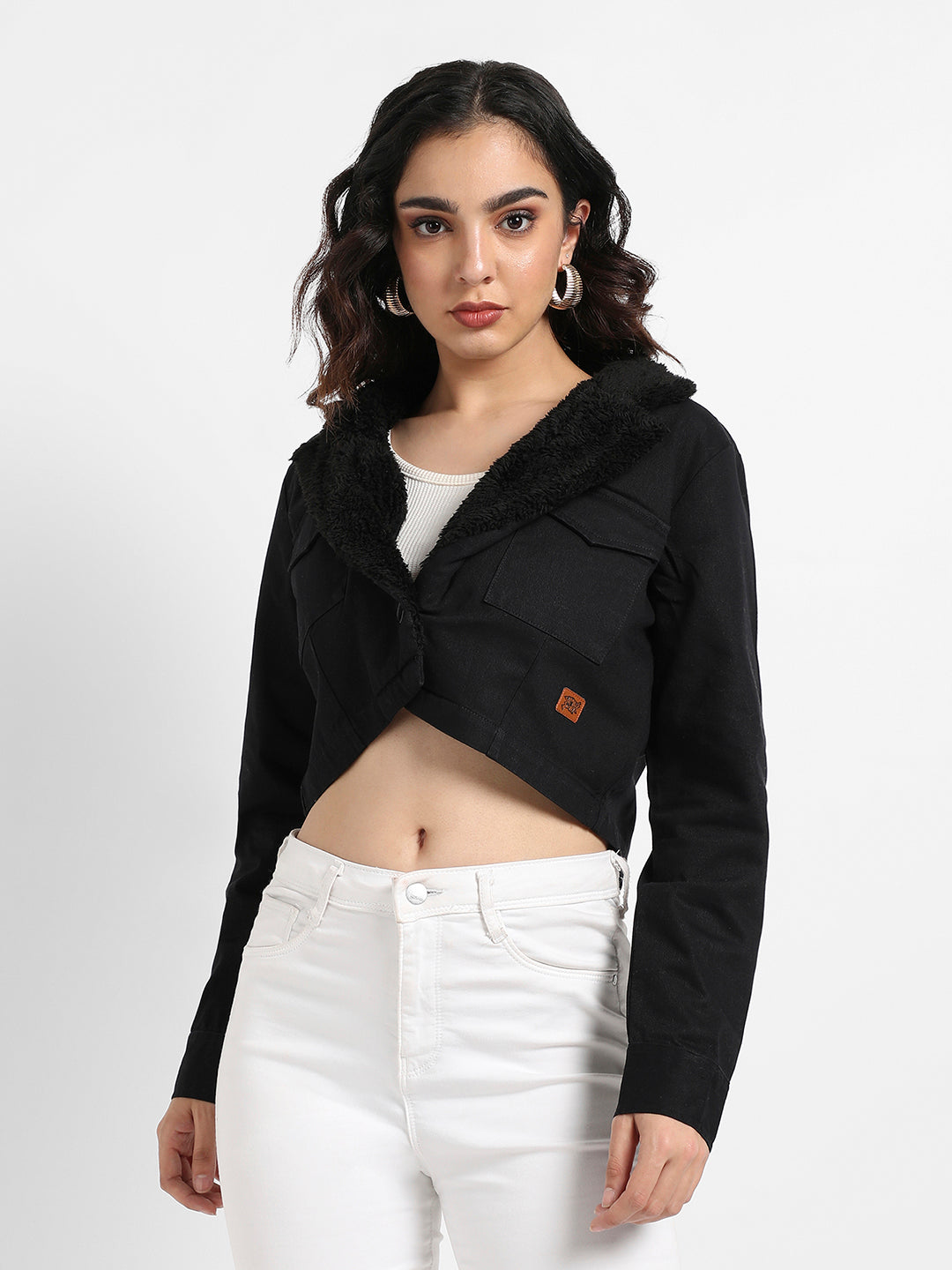 Single-Breasted Cropped Blazer With Fur Detail