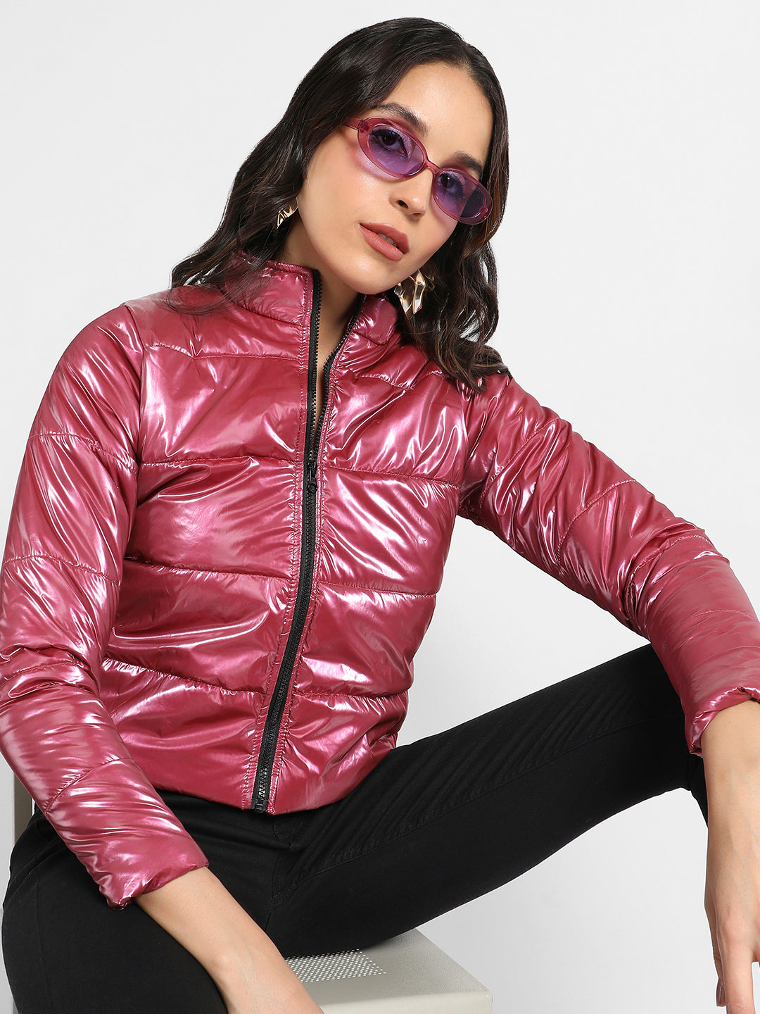 Solid High-Neck Quilted Bomber Jacket