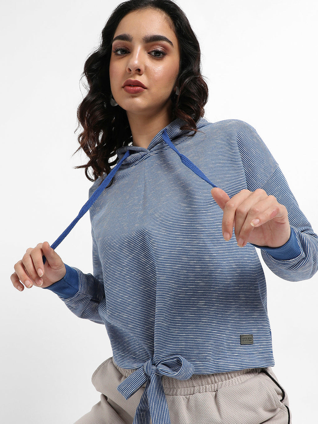 Striped Hoodie With Tie-Up Waist