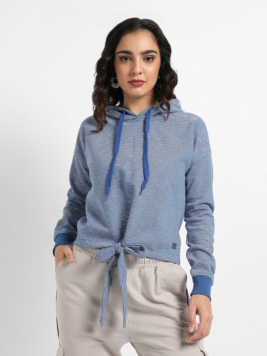 Striped Hoodie With Tie-Up Waist