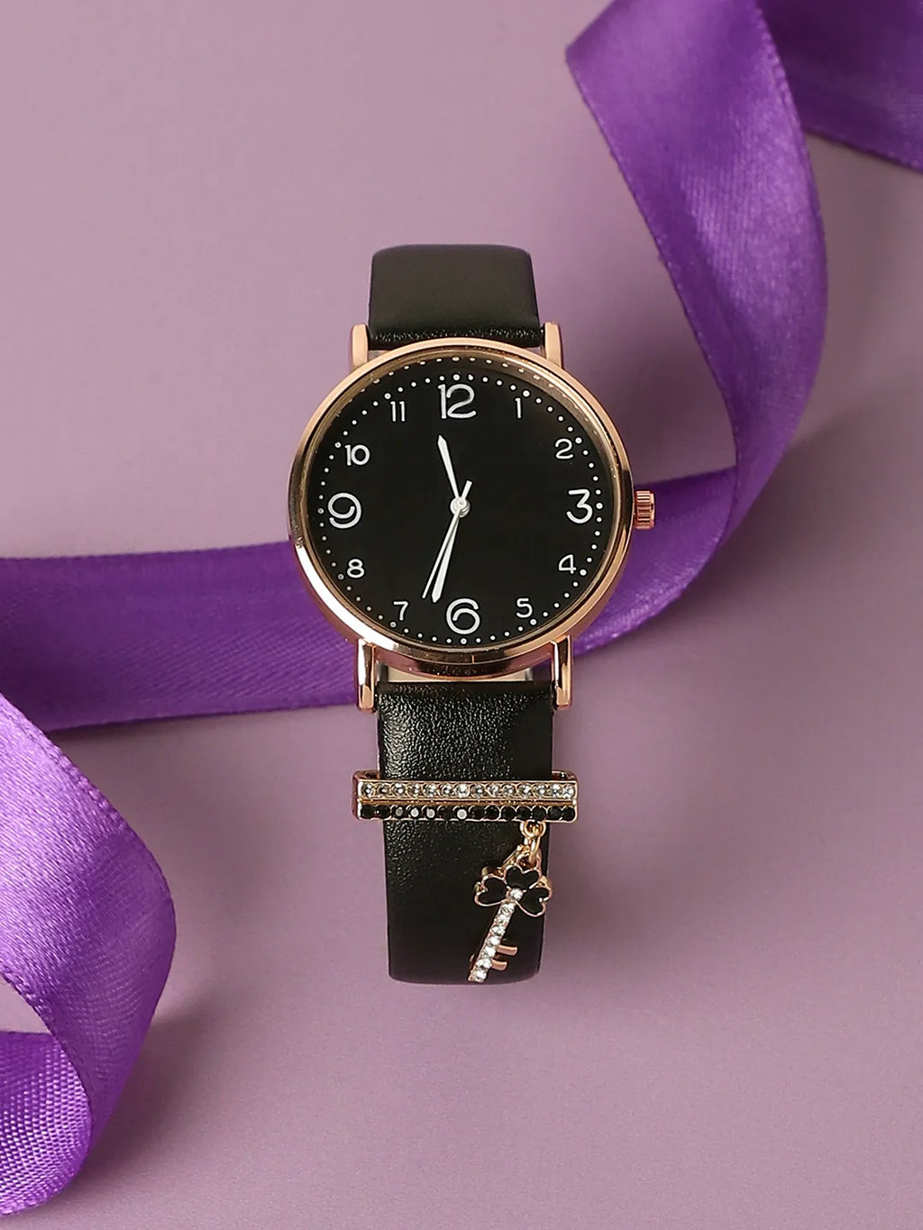 Haute Sauce Round Analog Watch With Enamel Key Watch Charm - Black
