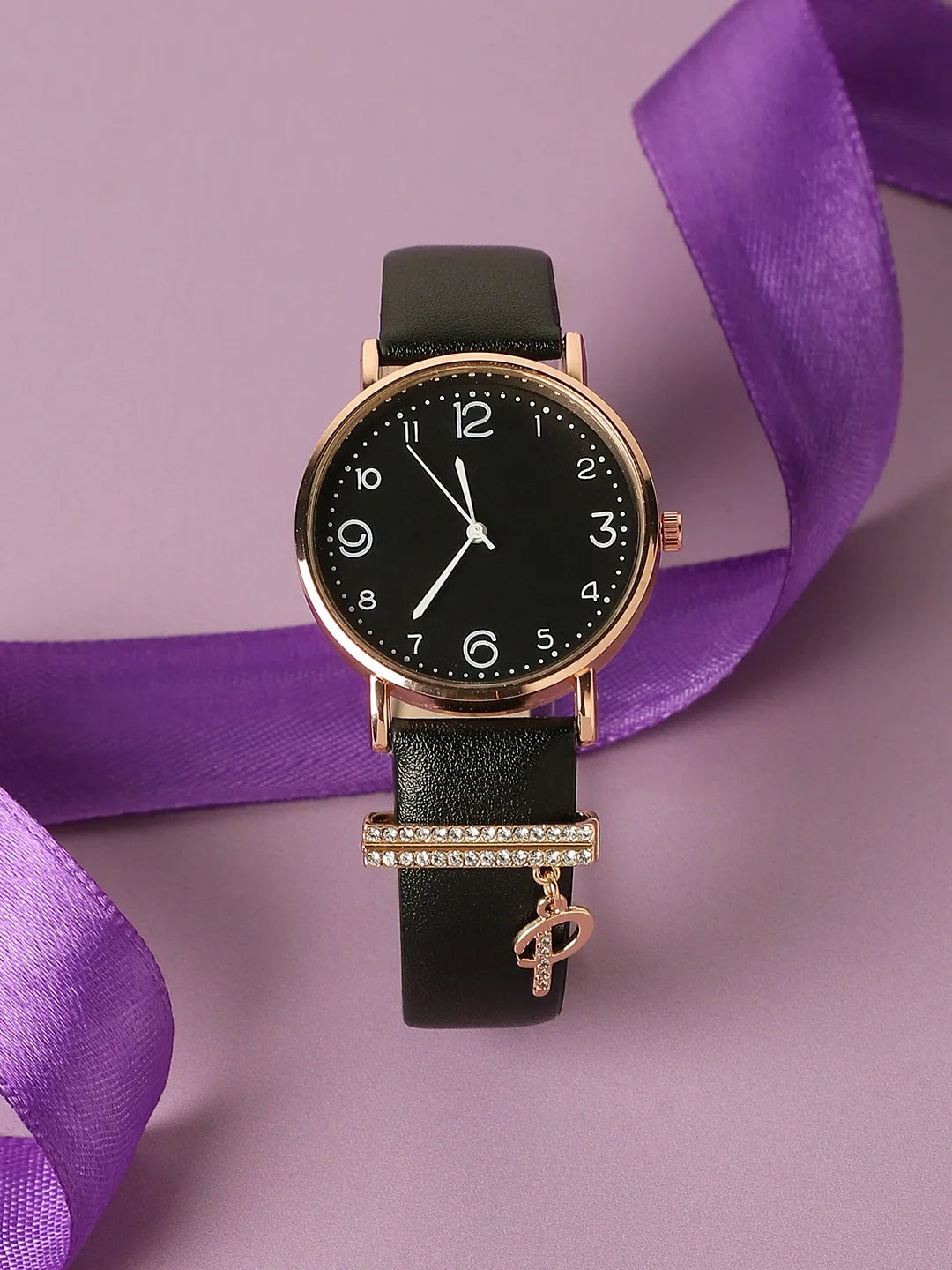 Haute Sauce Round Analog Watch With P Liberty Initial Watch Charm - Black