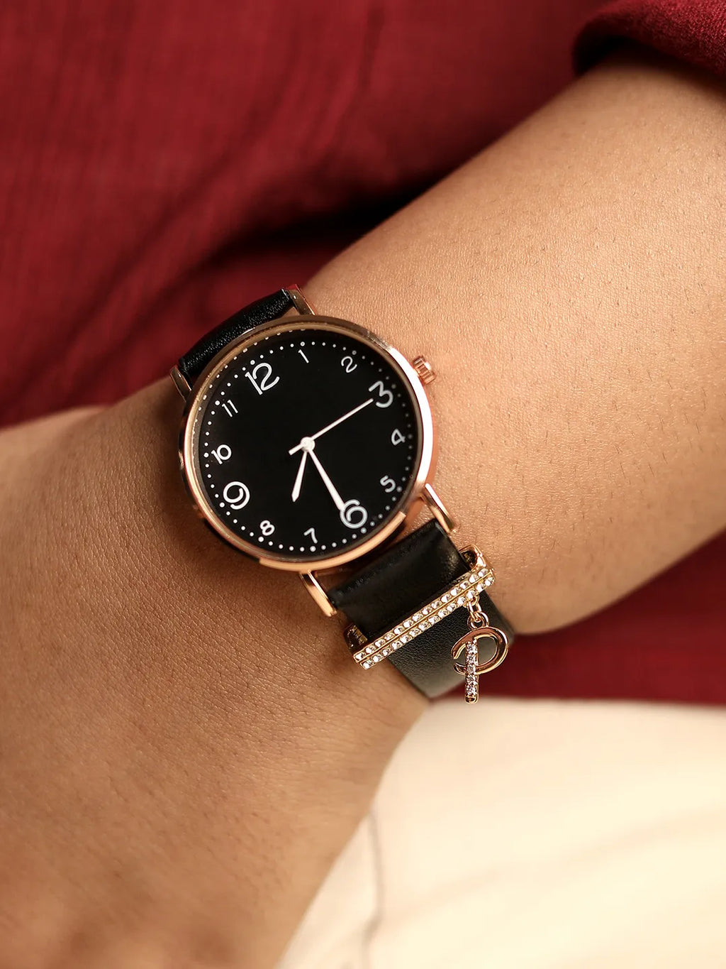 Haute Sauce Round Analog Watch With P Liberty Initial Watch Charm - Black