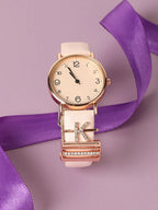 Haute Sauce Round Analog Watch With K Initial Watch Charm - Dusty Pink