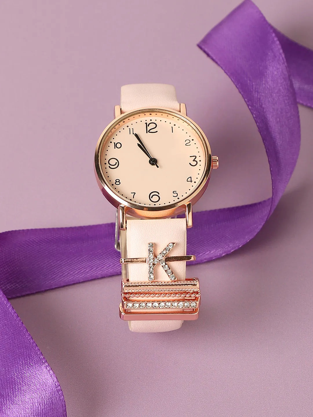 Haute Sauce Round Analog Watch With K Initial Watch Charm - Dusty Pink