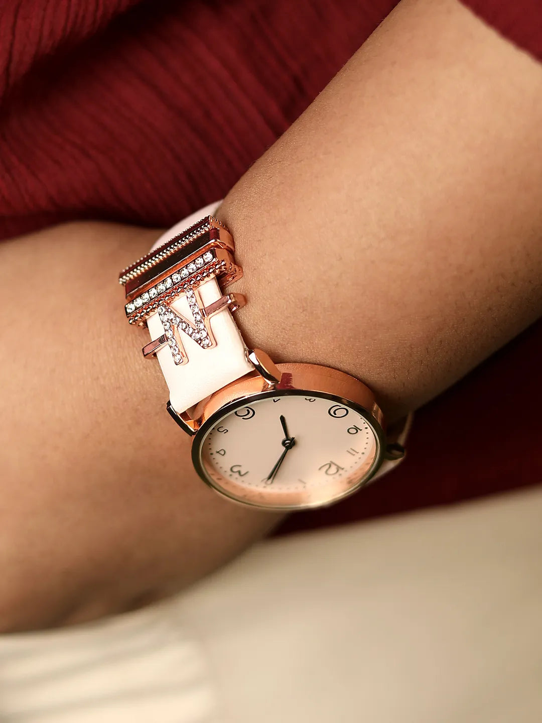 Round Analog Watch With N Initial Watch Charm - Dusty Pink